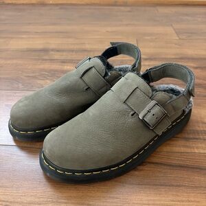 Dr. Martens Olive Green Leather Slingback with Gray Faux Fur Size 9